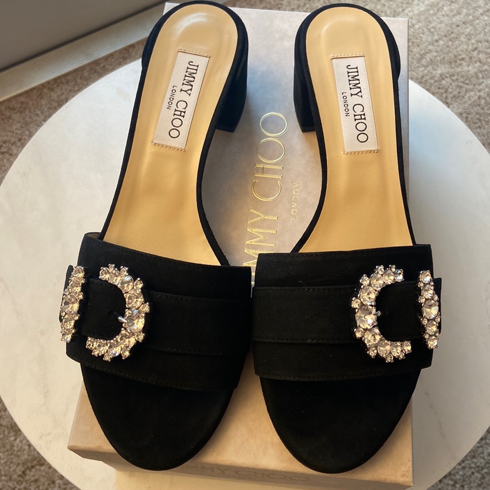 Jimmy Choo Cheri Mule Suede Sandal with Rhinestone Jeweled Strap size 39.5